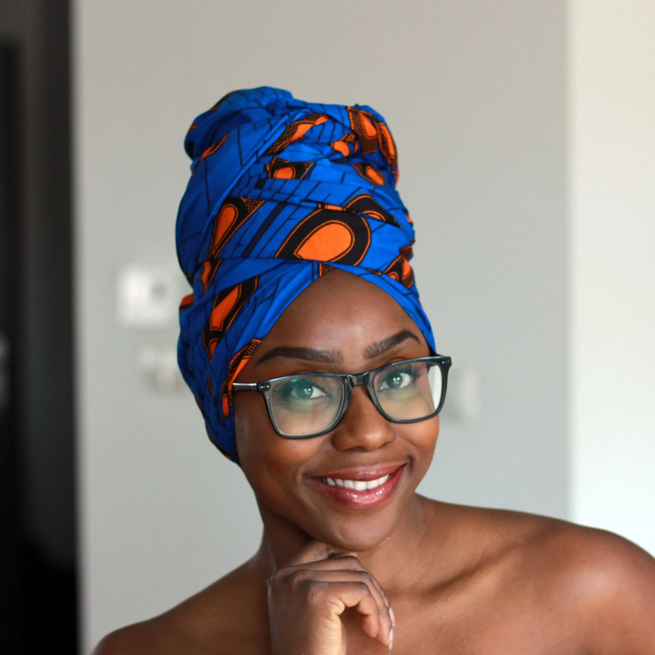 African headwrap - Blue / Orange electric bulb (Vlisco)