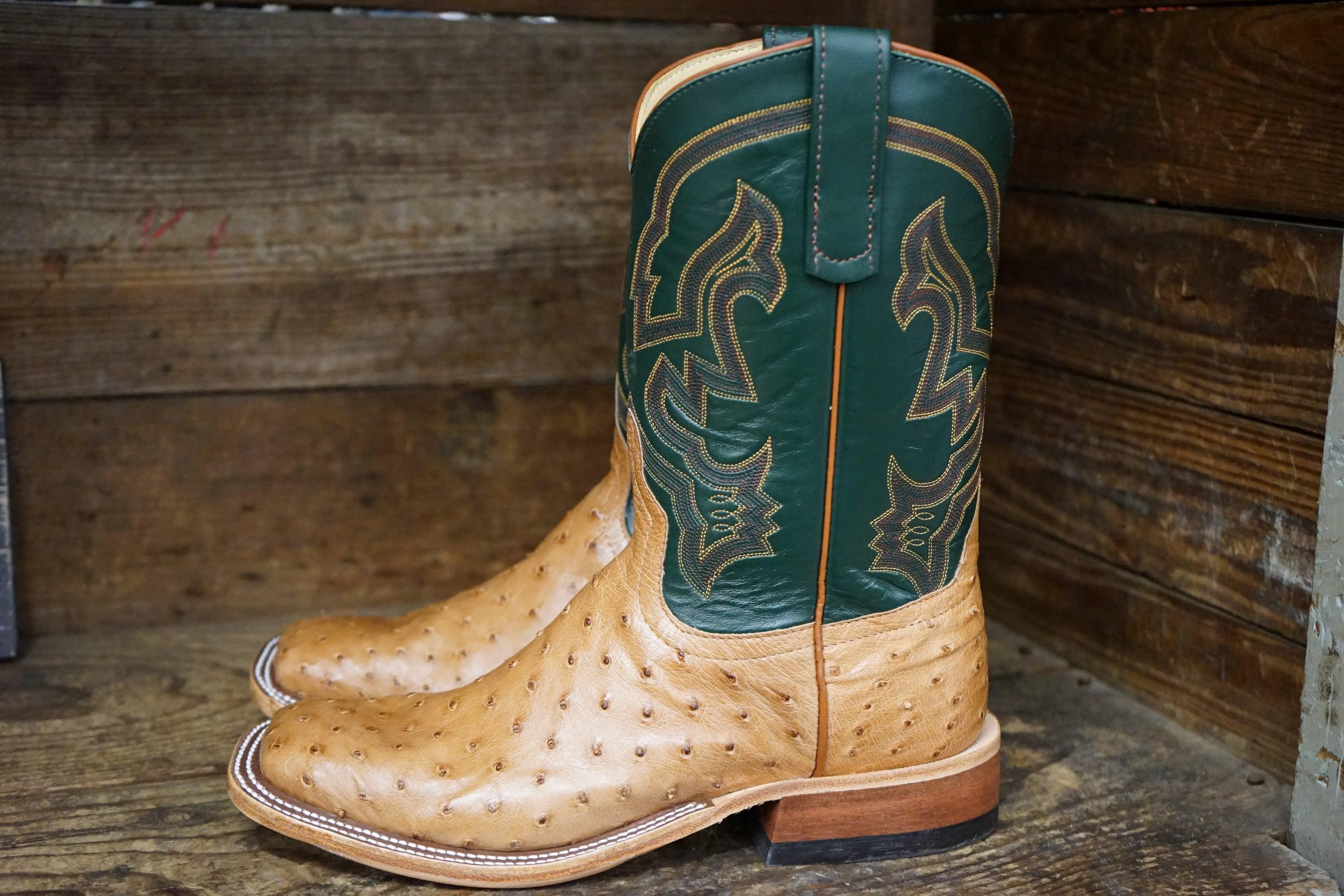 Anderson Bean Men's Cognac Ostrich & Green Glove Square Toe Cowboy Boots 324770