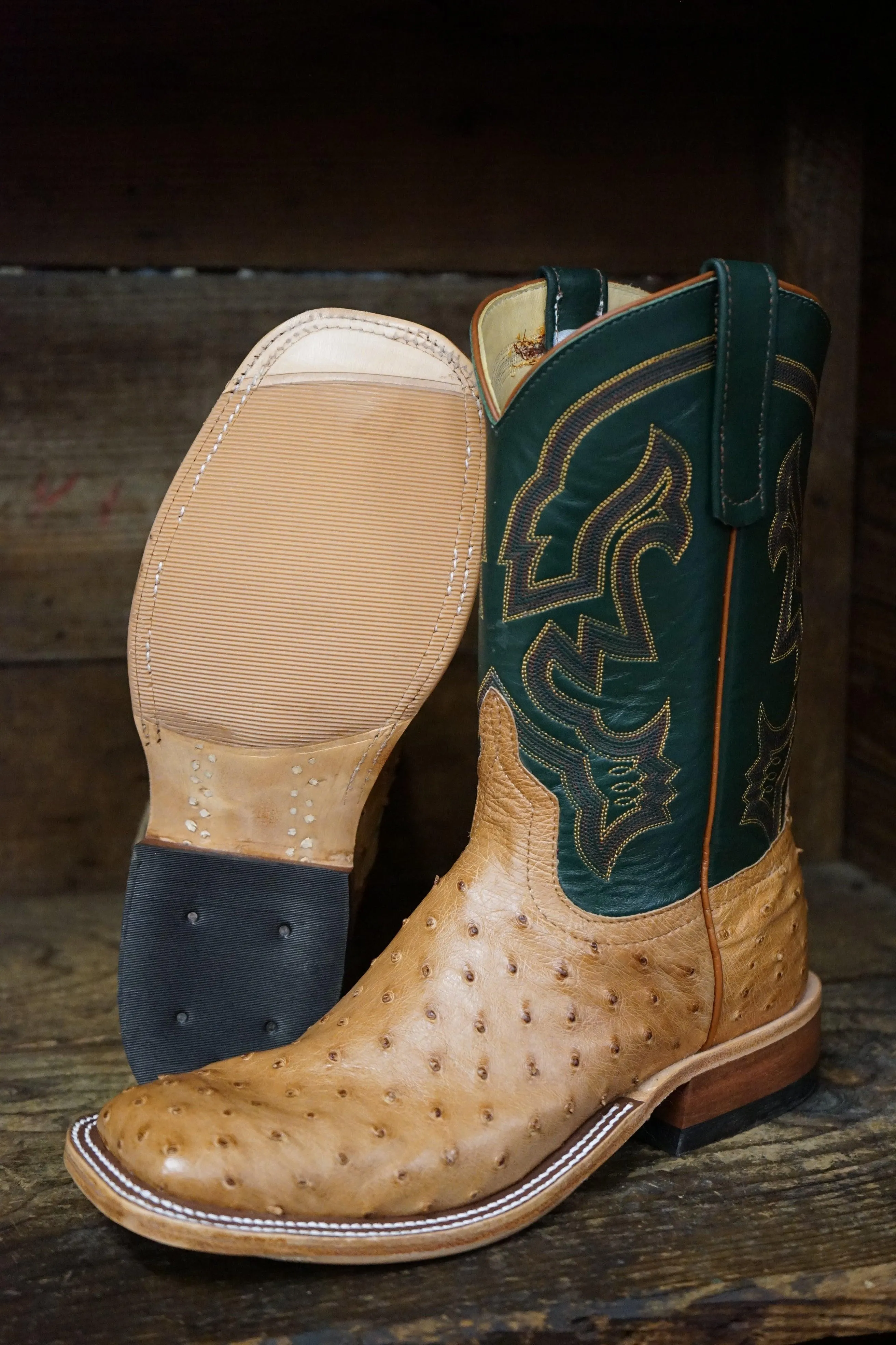 Anderson Bean Men's Cognac Ostrich & Green Glove Square Toe Cowboy Boots 324770