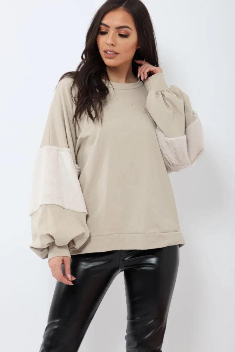 Beige Jumper with Fur Sleeves - Stephanie