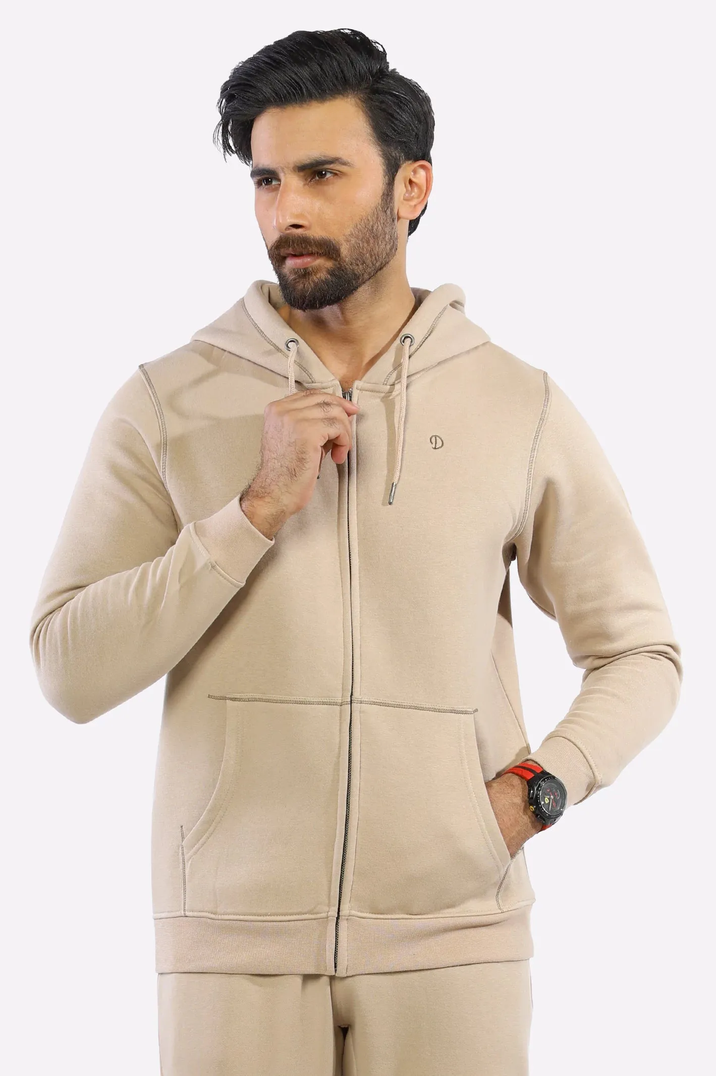 Beige Zipper Hoodie for Mens