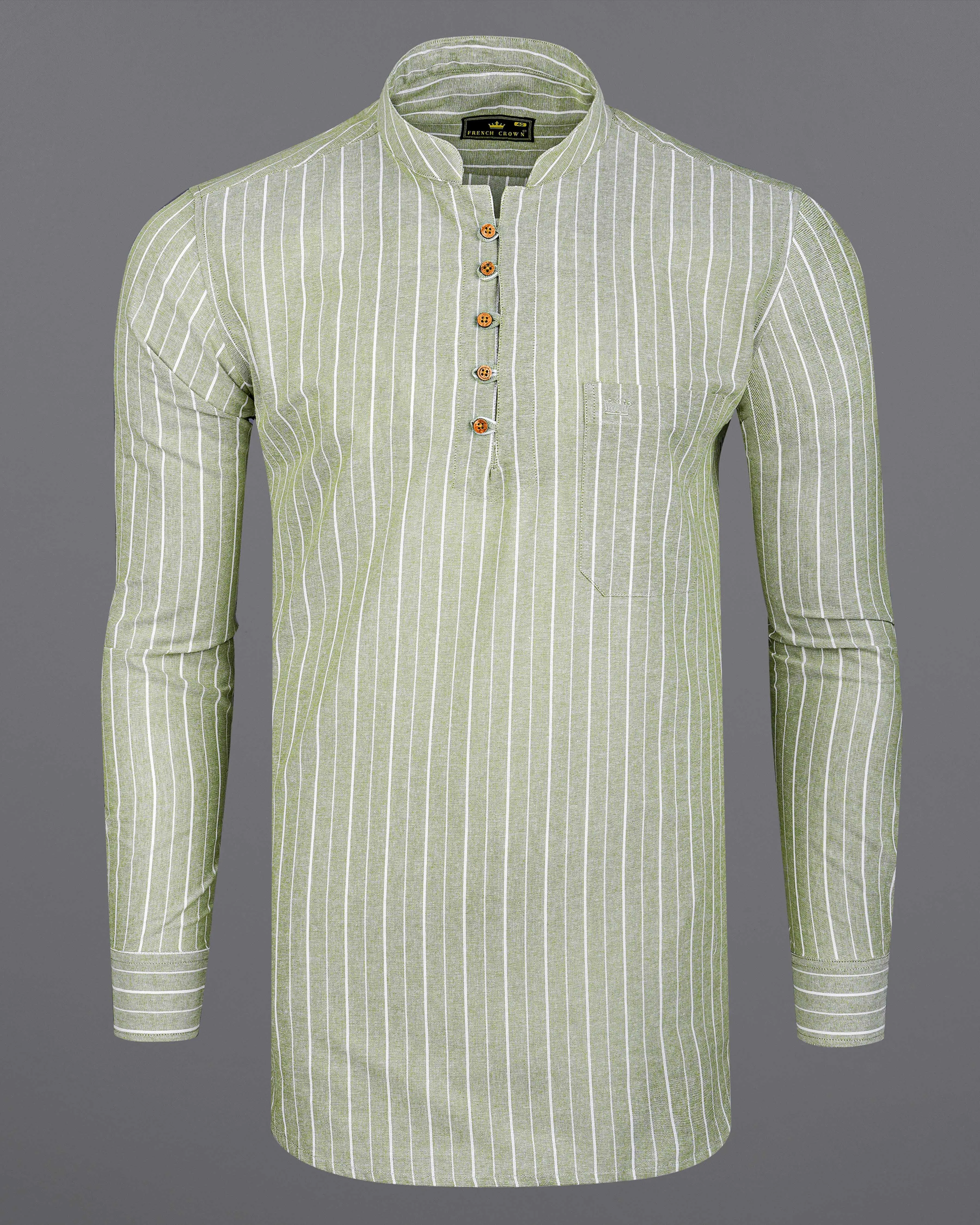 Beryl Green and White Striped Royal Oxford Kurta Shirt