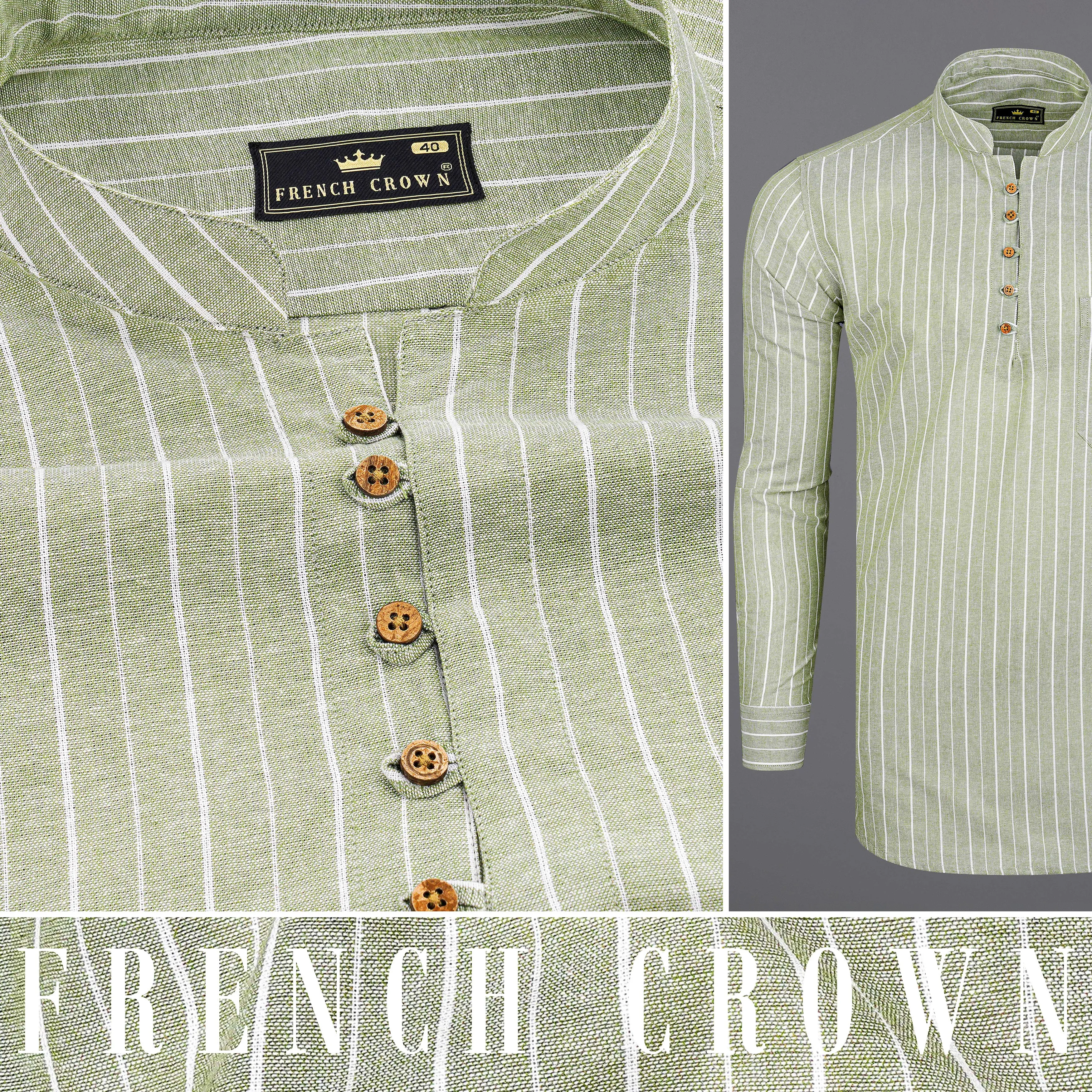 Beryl Green and White Striped Royal Oxford Kurta Shirt