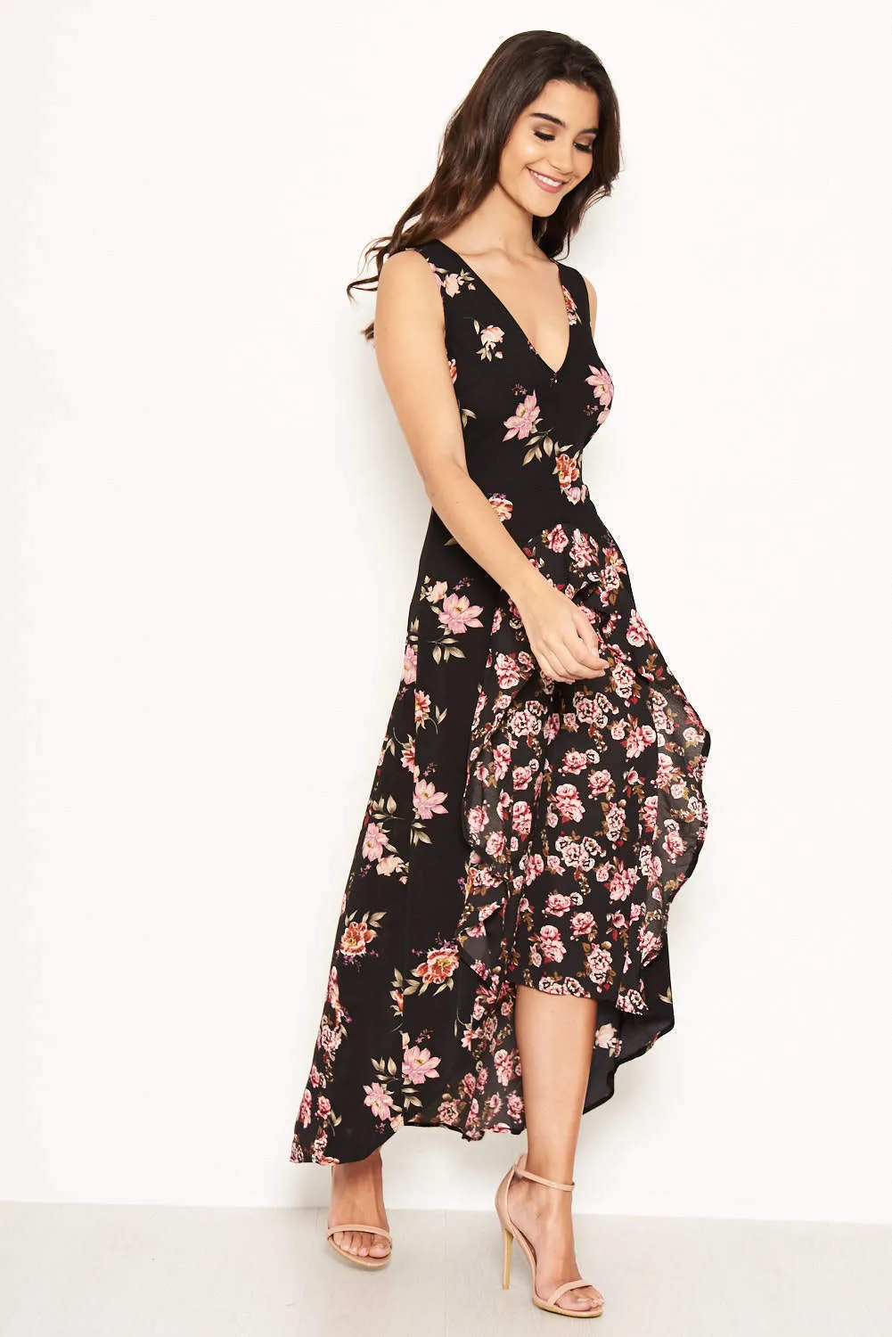 Black Floral V Neck Maxi Dress