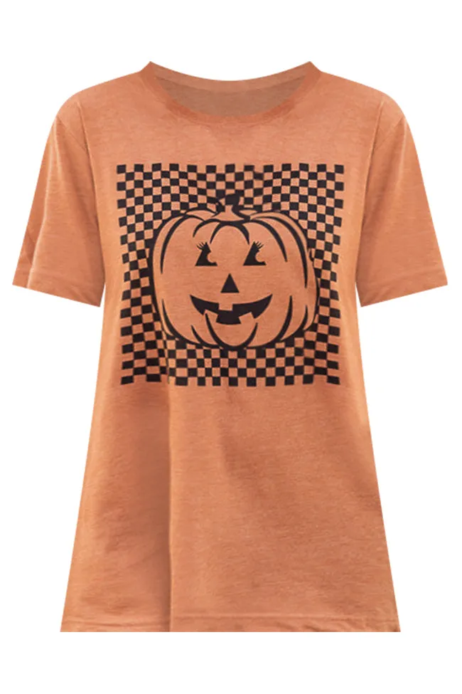 Checkered Pumpkin Burnt Orange Graphic Tee DOORBUSTER