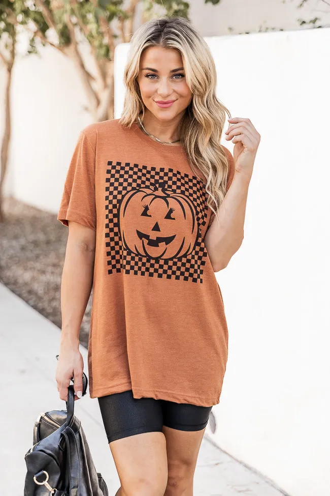 Checkered Pumpkin Burnt Orange Graphic Tee DOORBUSTER