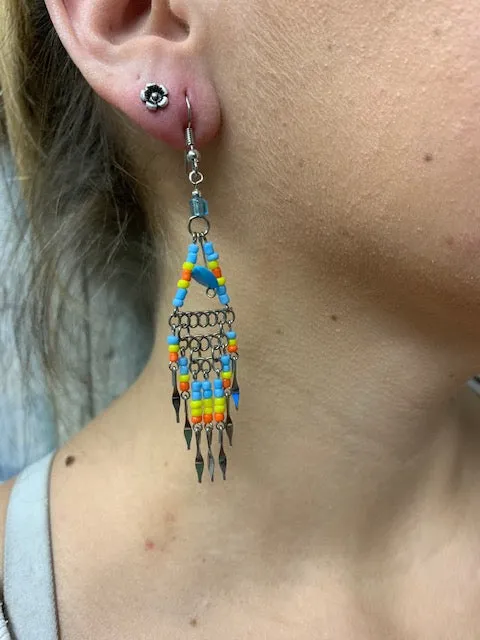 Cowgirl Kim Large Boho Beaded Dangle Earrings - Turquoise & Yellow