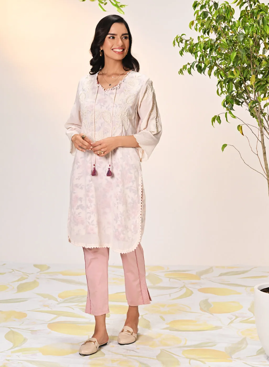 Daanya Misty Rose Embroidered Crinkled Georgette Designer Kurta for Women