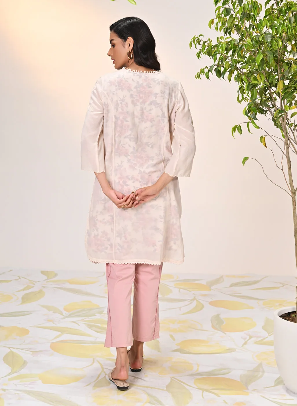 Daanya Misty Rose Embroidered Crinkled Georgette Designer Kurta for Women