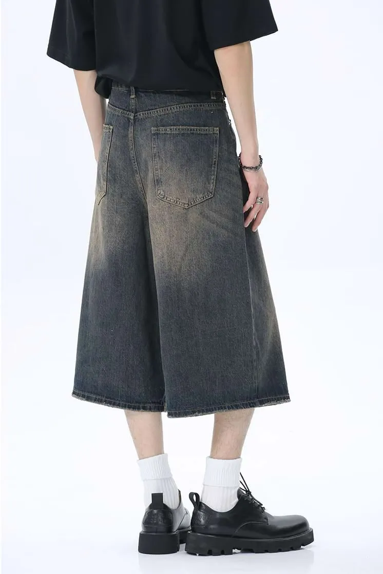 Faded Wide Leg Denim Long Jorts