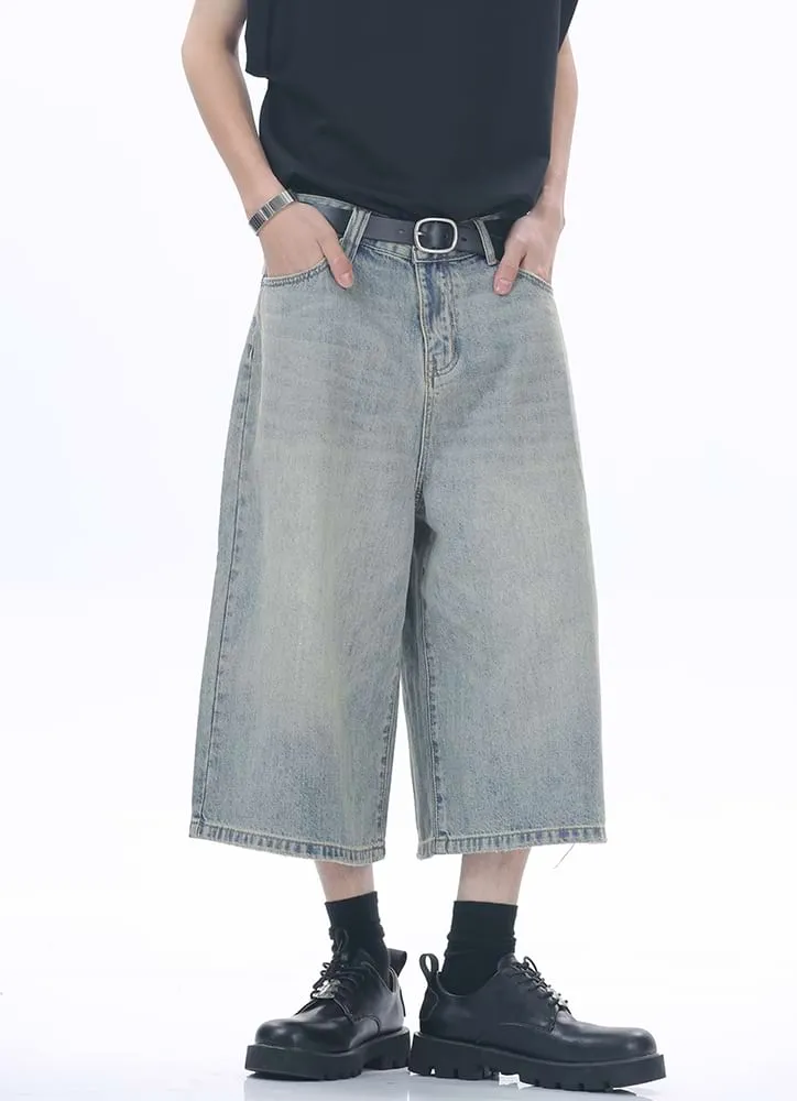 Faded Wide Leg Denim Long Jorts