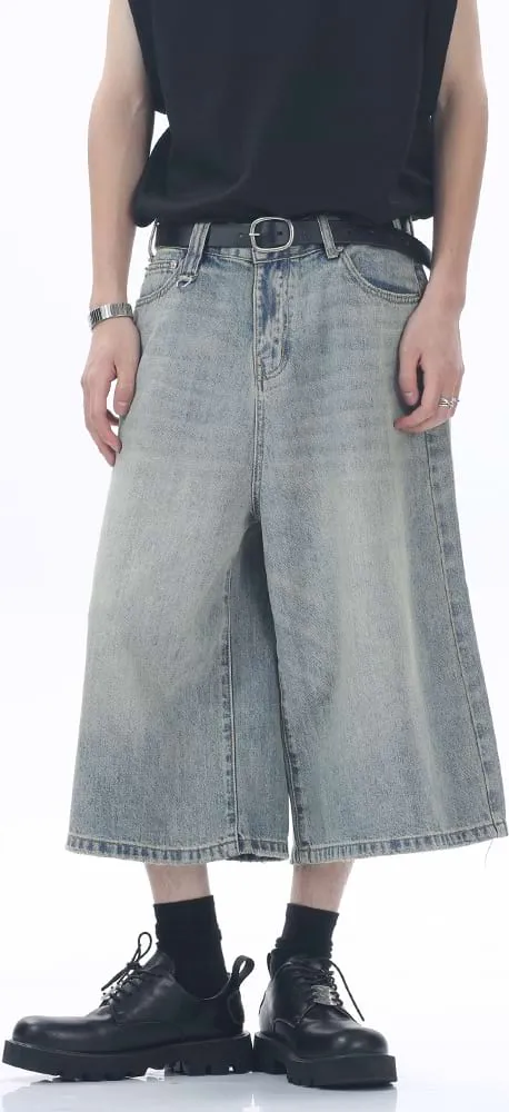 Faded Wide Leg Denim Long Jorts