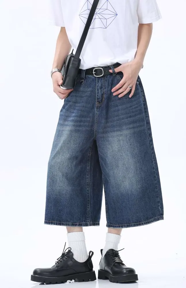 Faded Wide Leg Denim Long Jorts