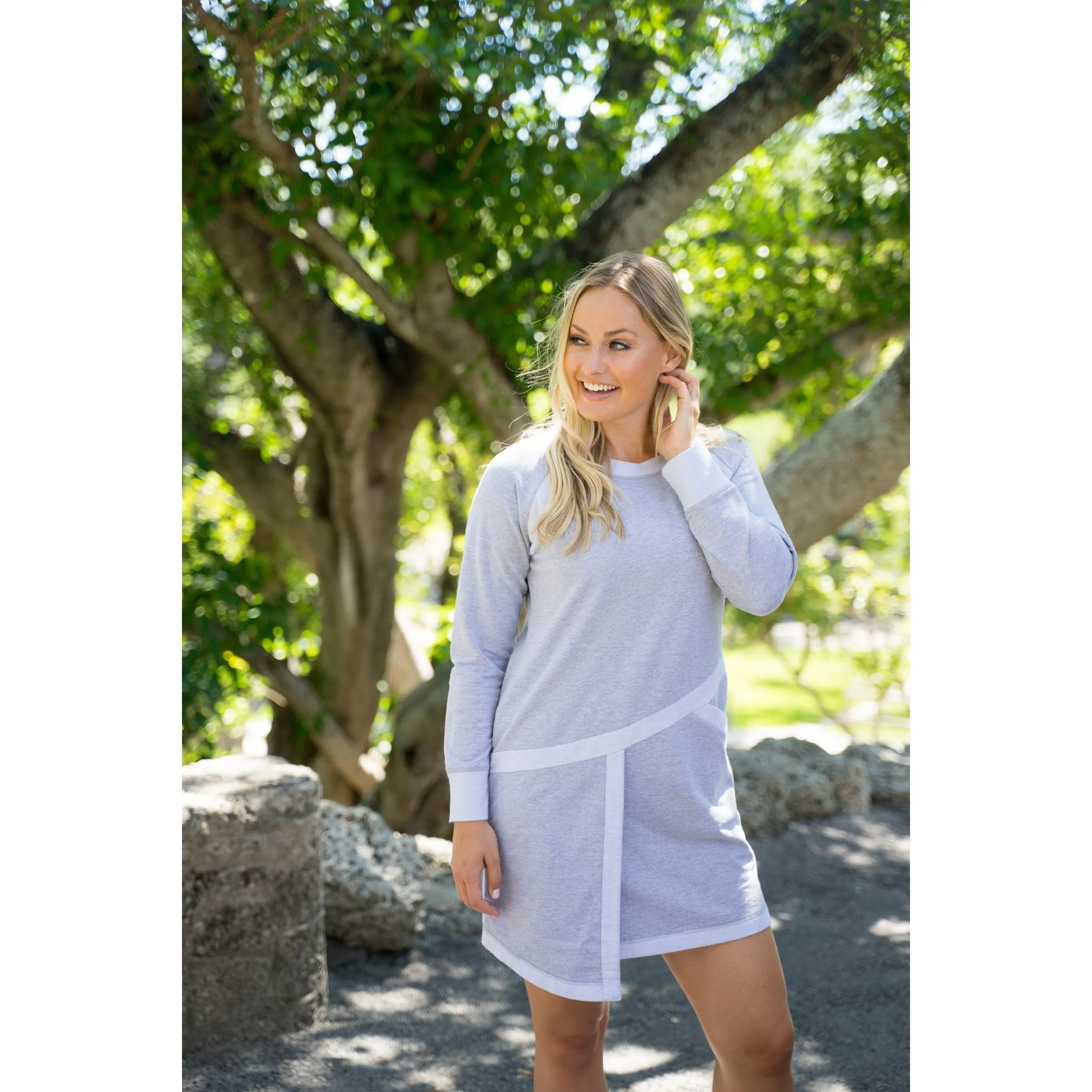 Heather gray dress with angle pocket & reverse fabric trim