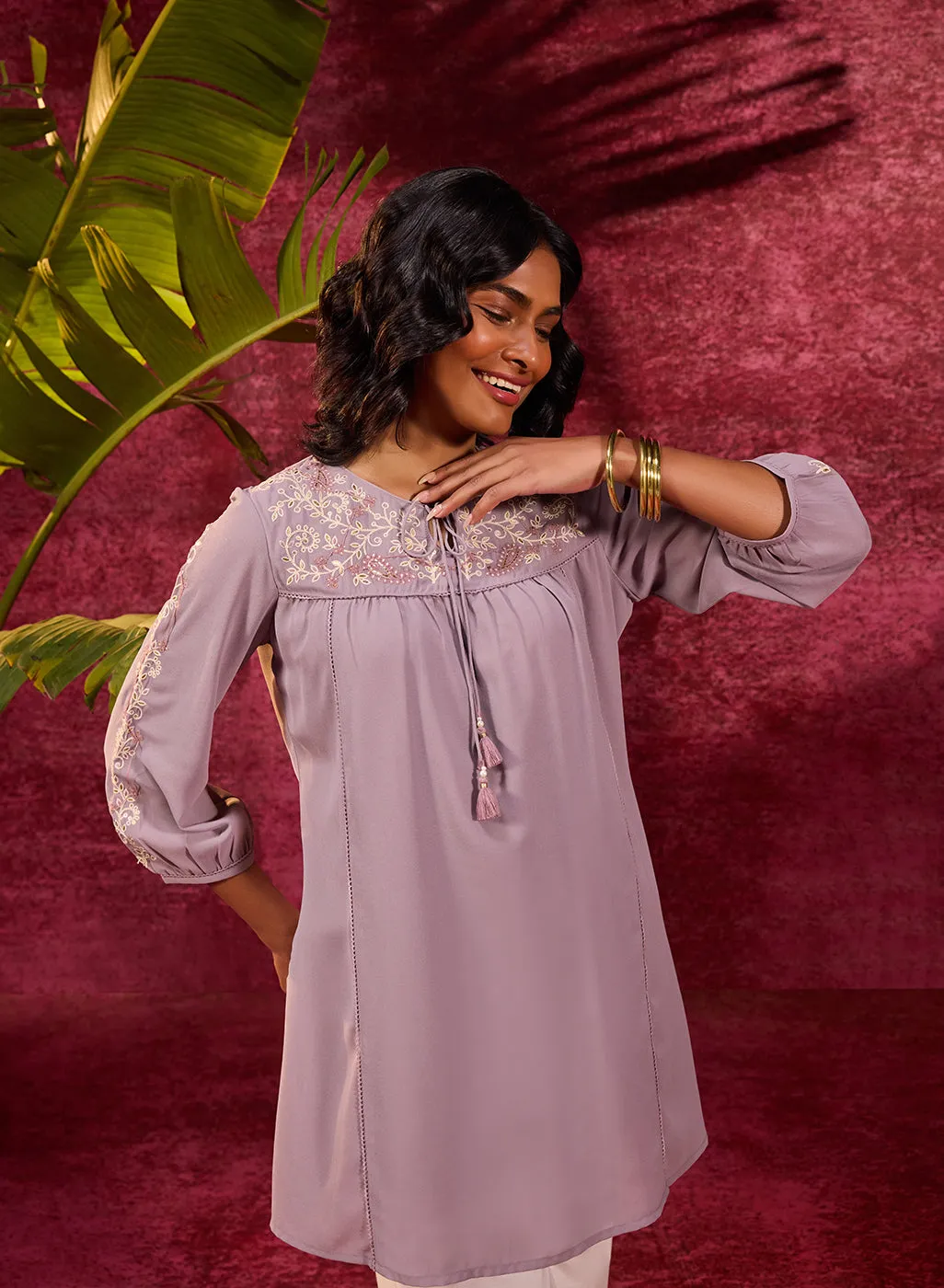 Nazakat Lilac Viscose Georgette Embroidered Top for Women