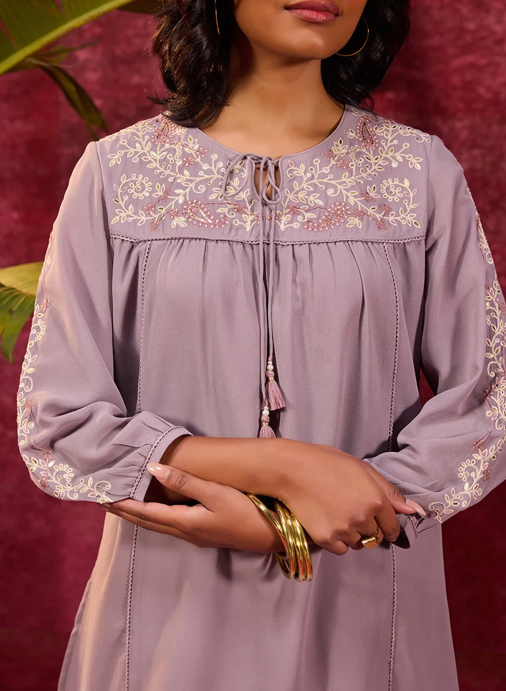 Nazakat Lilac Viscose Georgette Embroidered Top for Women