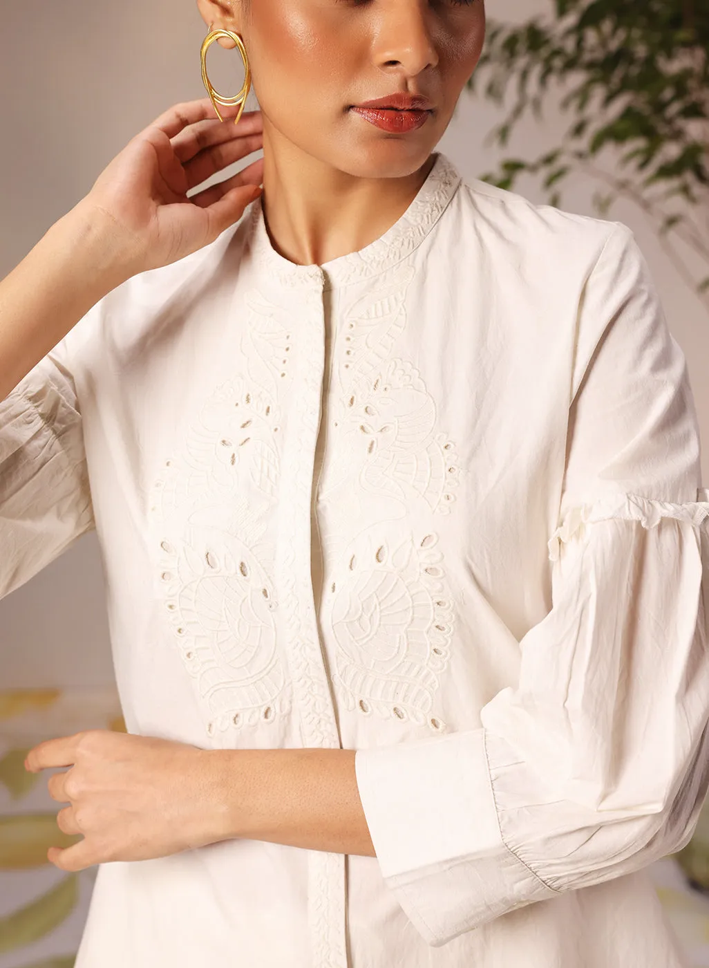 Nudrat Ivory Embroidered Cotton Long Shirt for Women