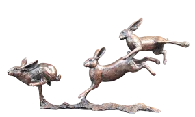 Richard Cooper Small Hares Running Bronze Sculpture