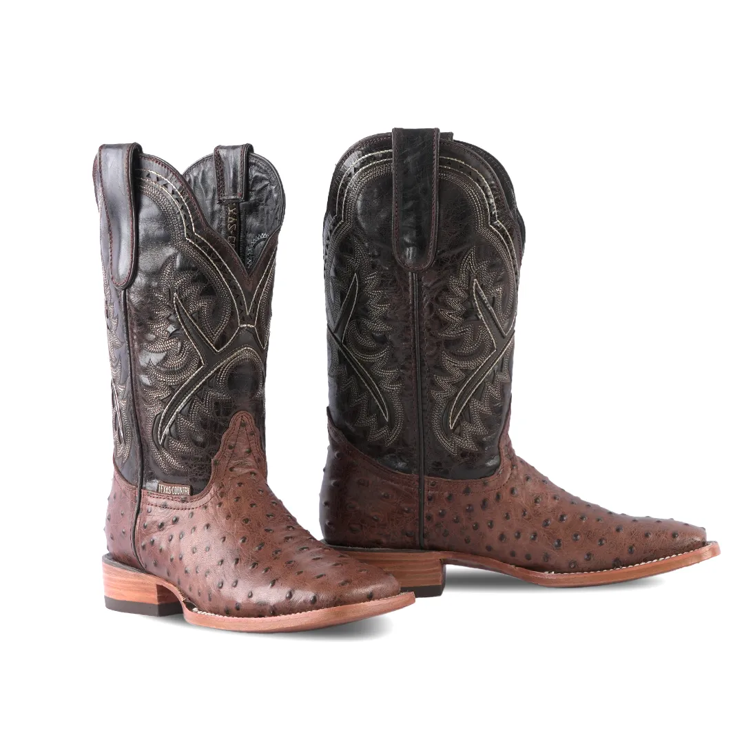 Texas Country Western Boot Ostrich Ranch Choco Square Toe E424