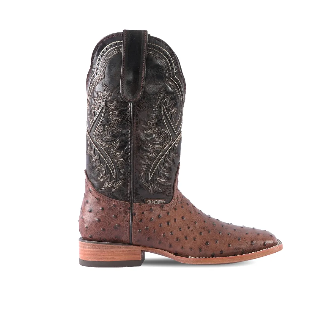 Texas Country Western Boot Ostrich Ranch Choco Square Toe E424