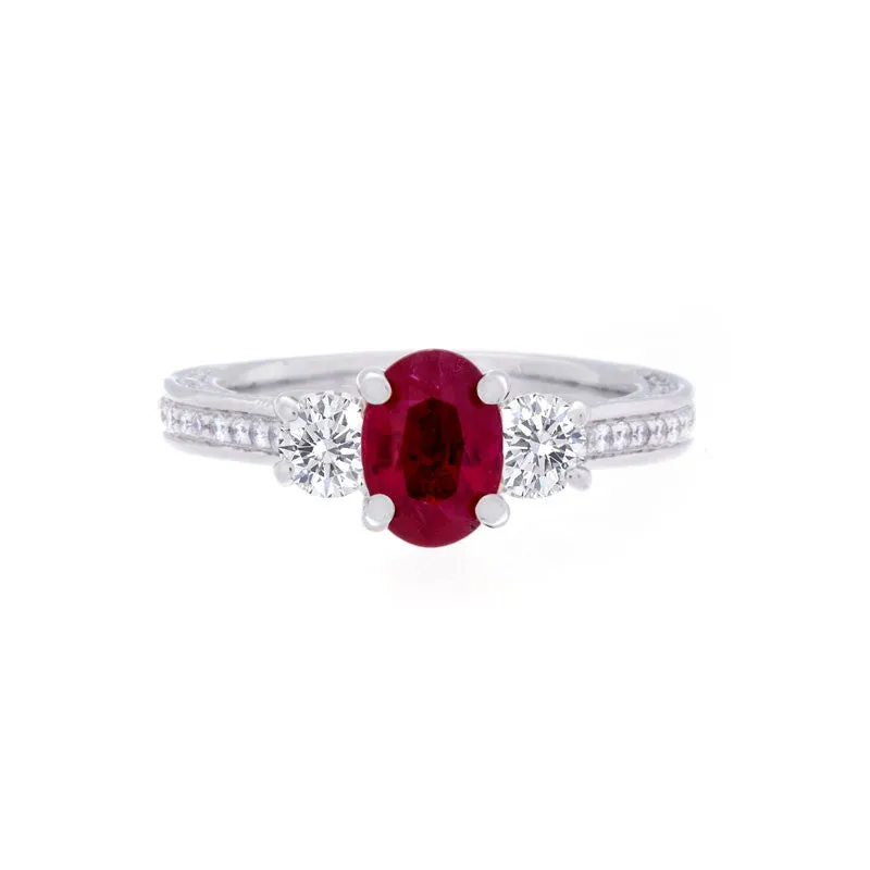 Three Stone Oval Ruby Center with Diamonds