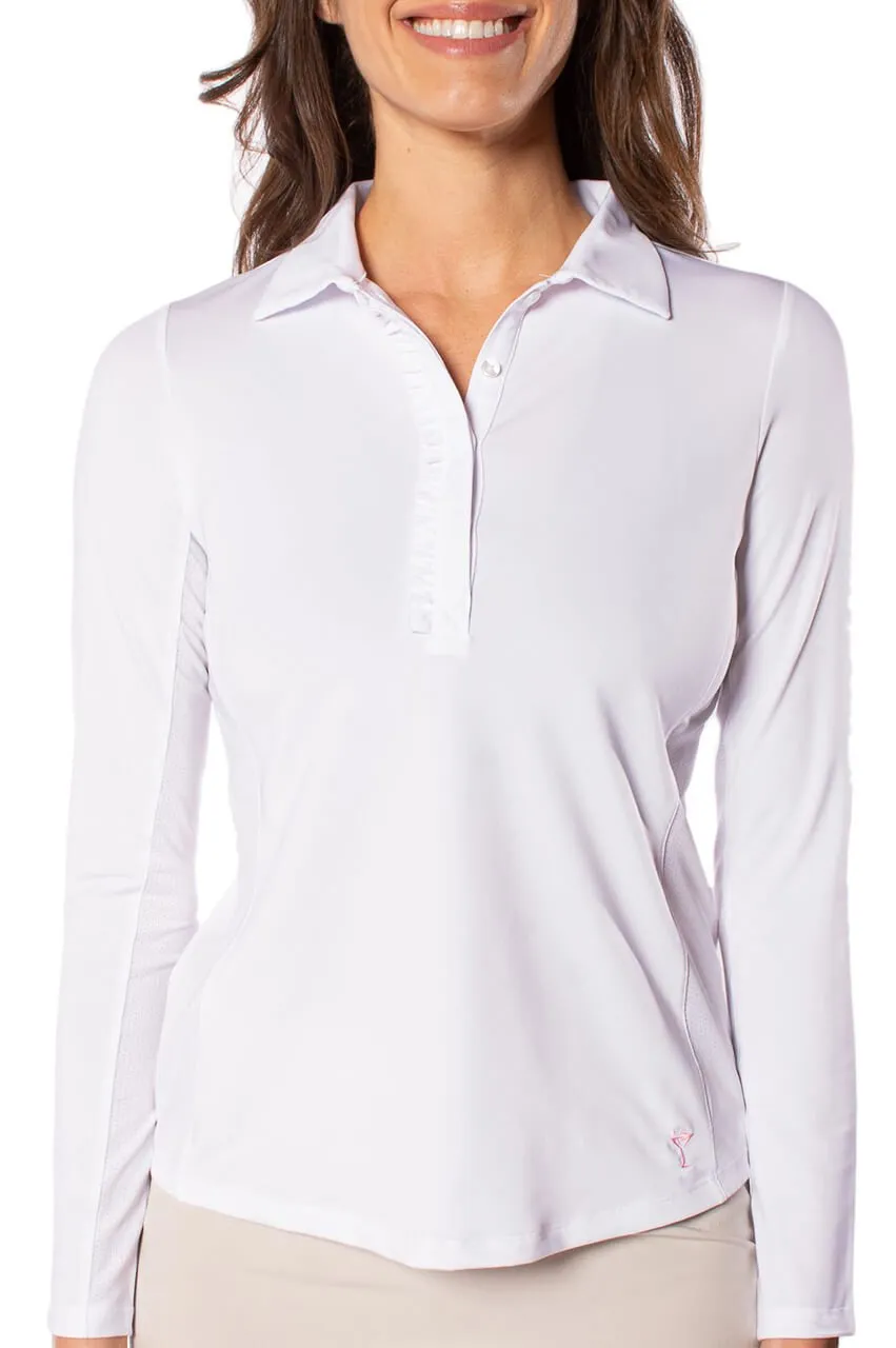 White Long Sleeve Ruffle Polo