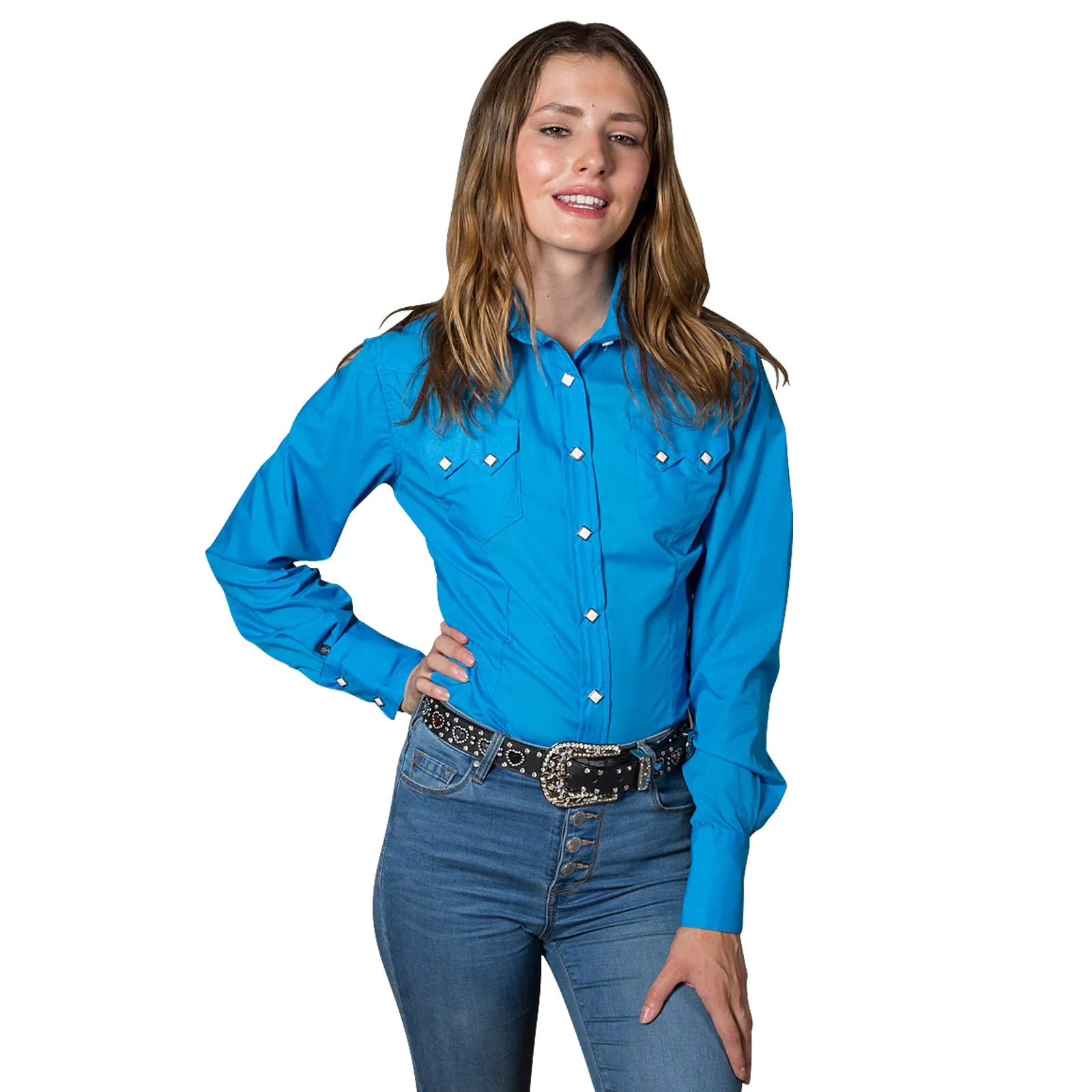 Women's Solid Turquoise Cotton Blend Western Shirt